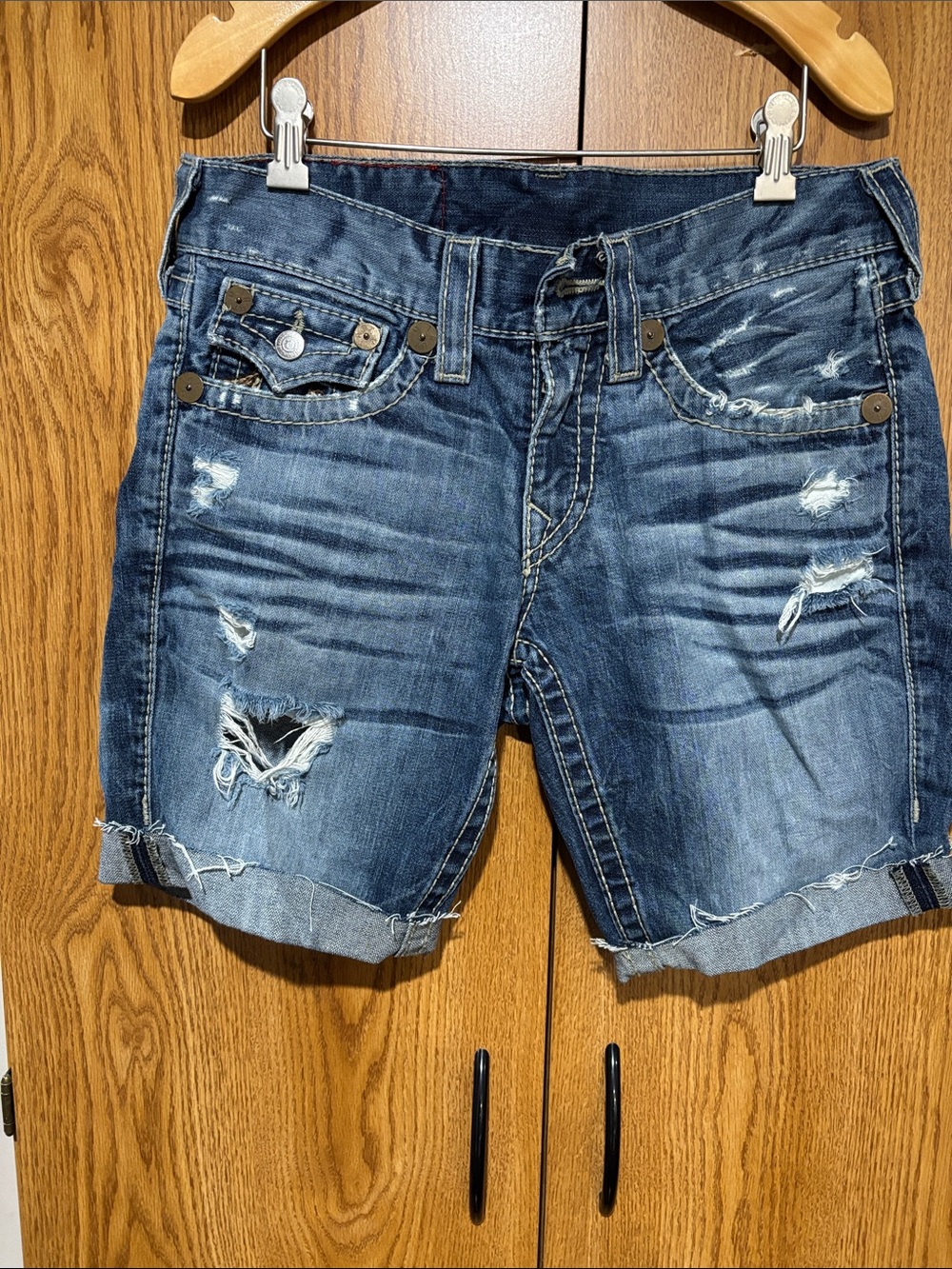 True Religion Distressed Medium Blue Denim Shorts
